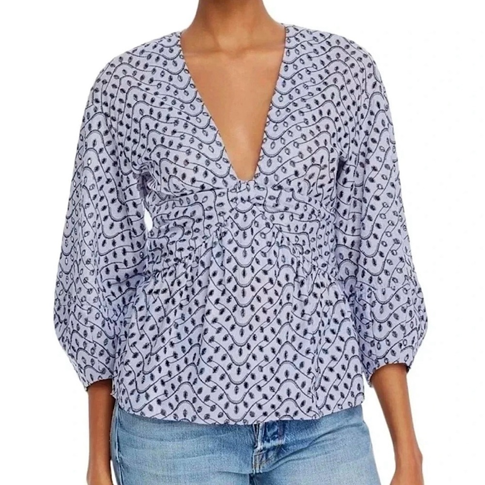 Derek Lam 10 Crosby Blue White Noe Eyelet Balloon Sleeve Top Blouse Sz 2 Summer